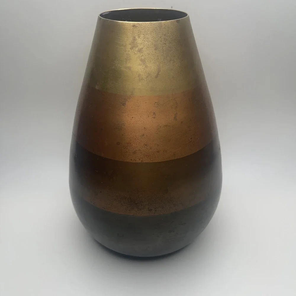 Crate & Barrel Copper Vase Mixed‎ Metal Tone Modernist Horizontal Stripes IS AS